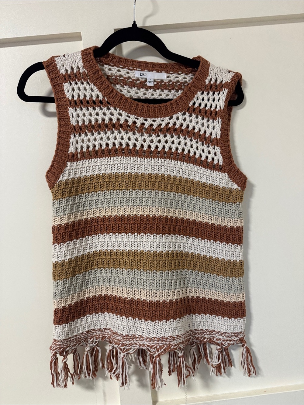 DR2 Striped Open-Knit Fringe Tank in Cream, Brown & Olive